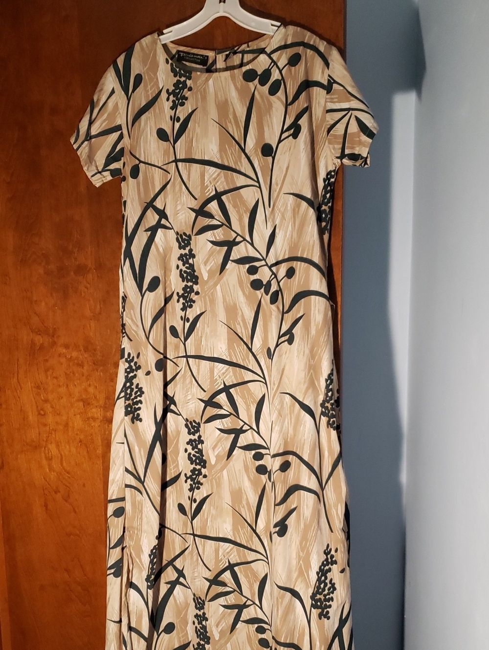 Flowing Beige Botanical Maxi Dress with Black Print
